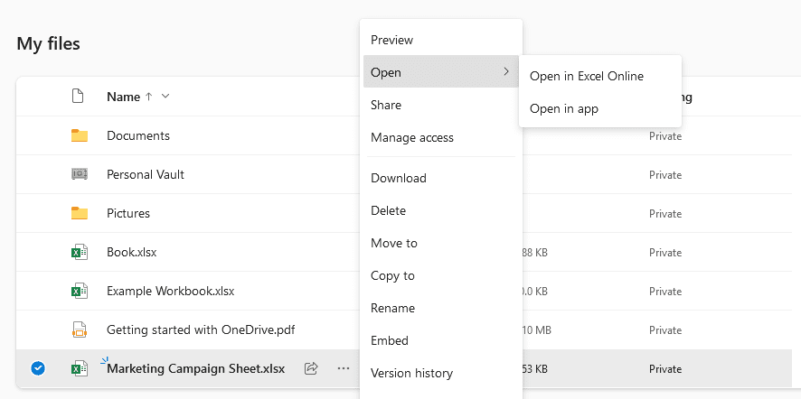 A screenshot of OneDrive's Open menu, with a Smartsheet sheet exported to Excel.