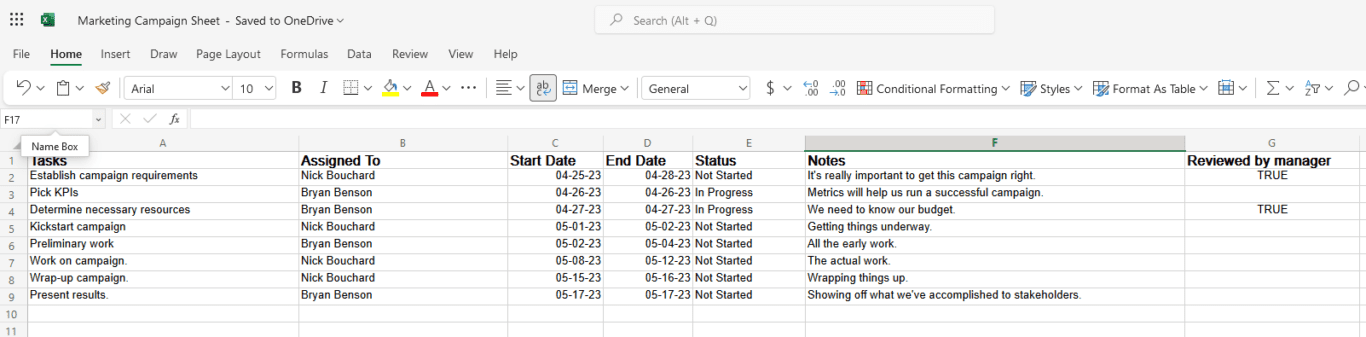 A screenshot of Smartsheet data after an export to Excel.