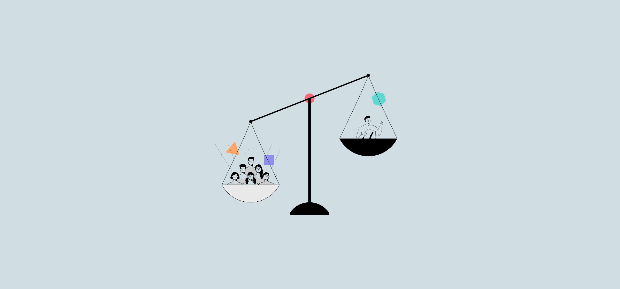 An illustration of a scale, with a bunch of unhappy people on one side and a single satisfied person on the other.