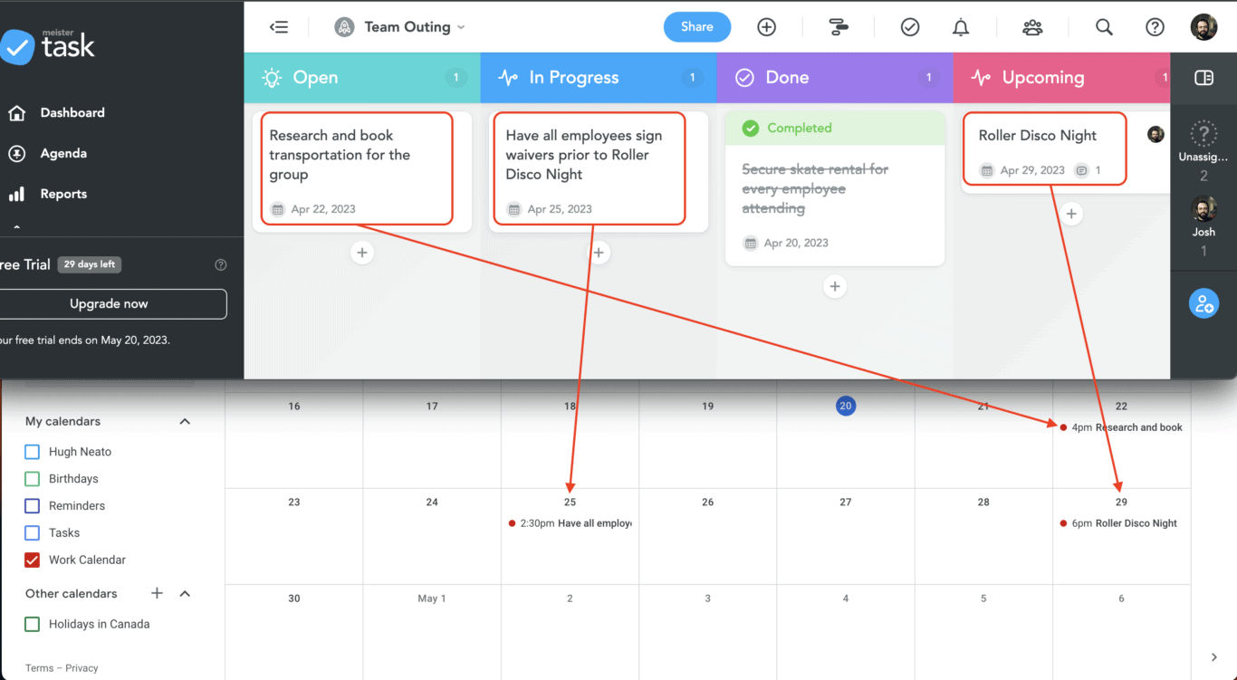 Meistertask project synced to Google Calendar