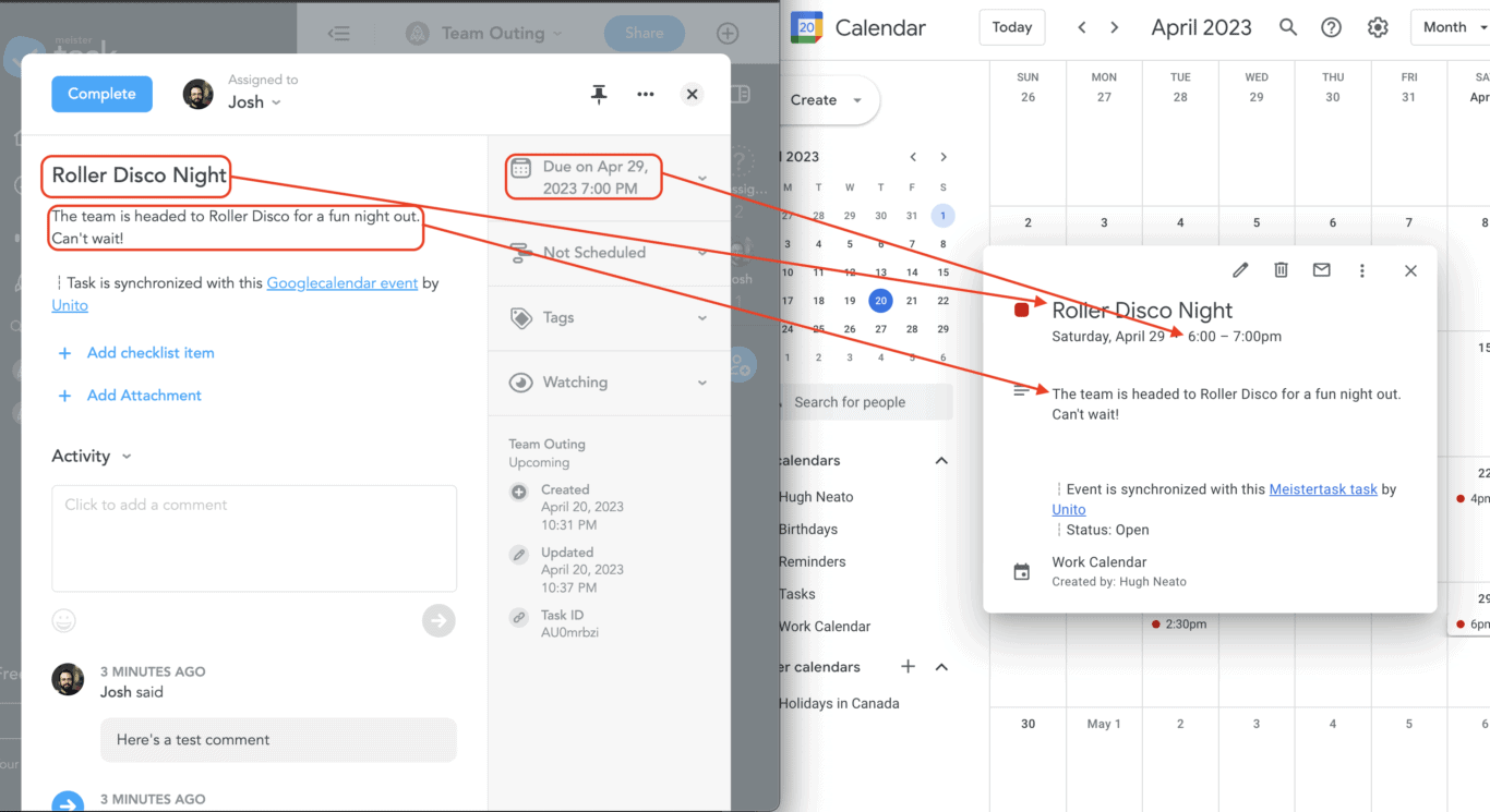 A task in Meistertask synced to Google Calendar as an event with Unito's 2-Way Integration