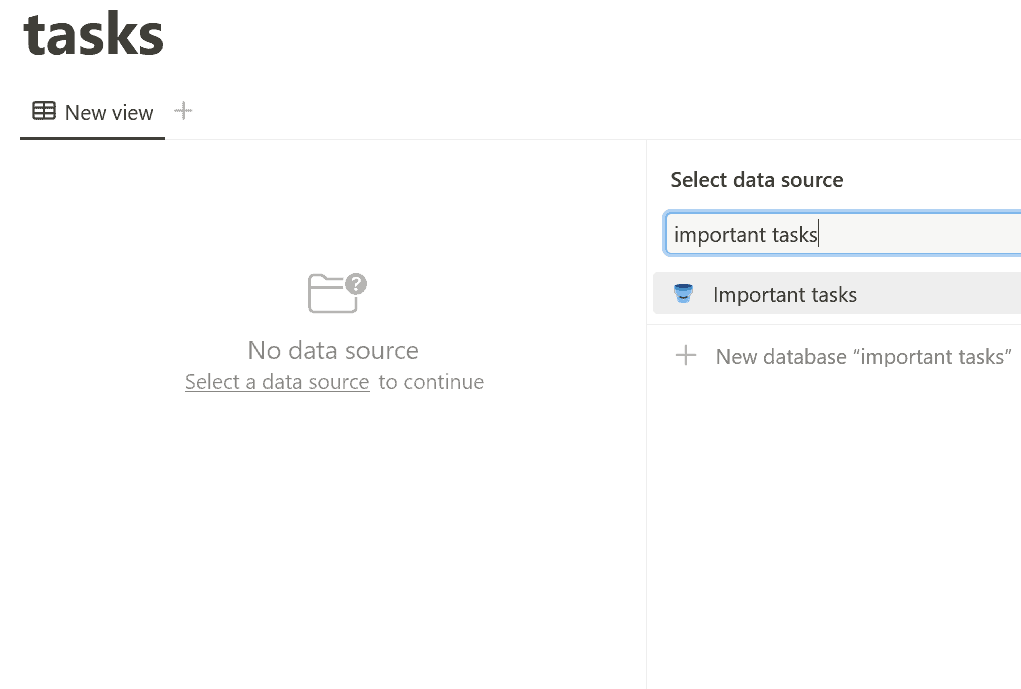 A screenshot of the Select data source panel, the second step in how to link databases in Notion.