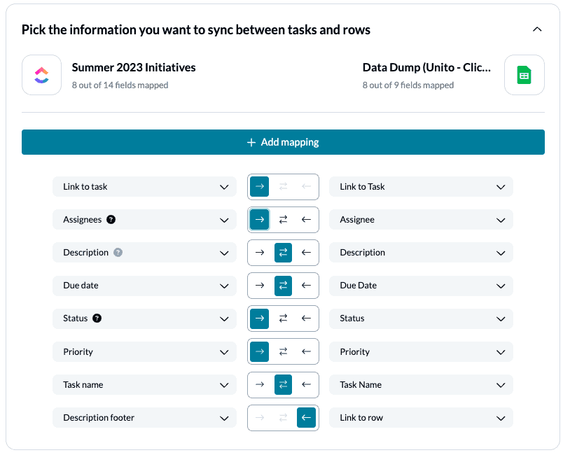 Field mappings between ClickUp and Google Sheets