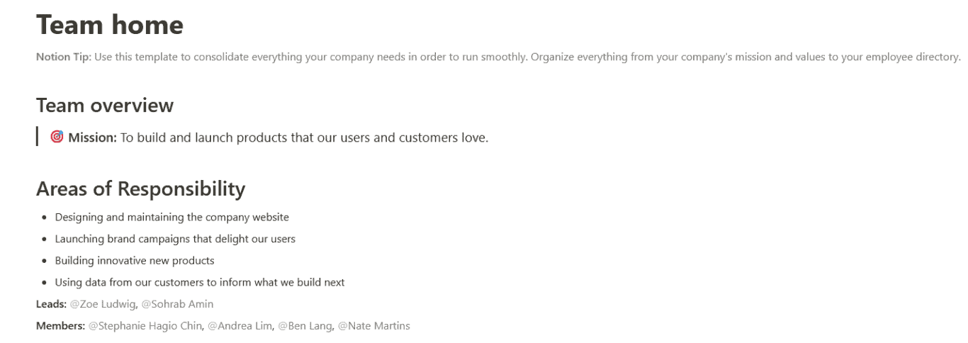 A screenshot of a team home template for Notion.