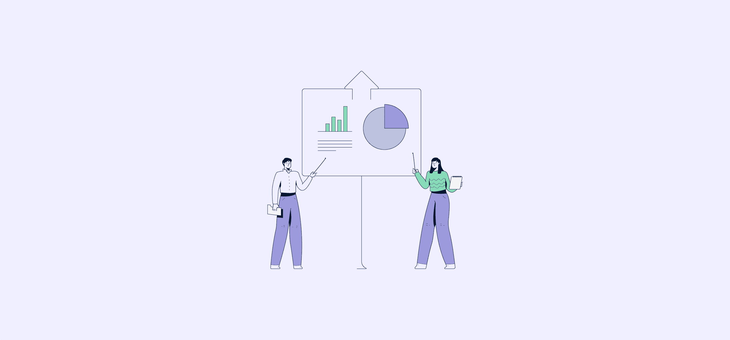 An illustration of two people giving a presentation, representing data aggregation.