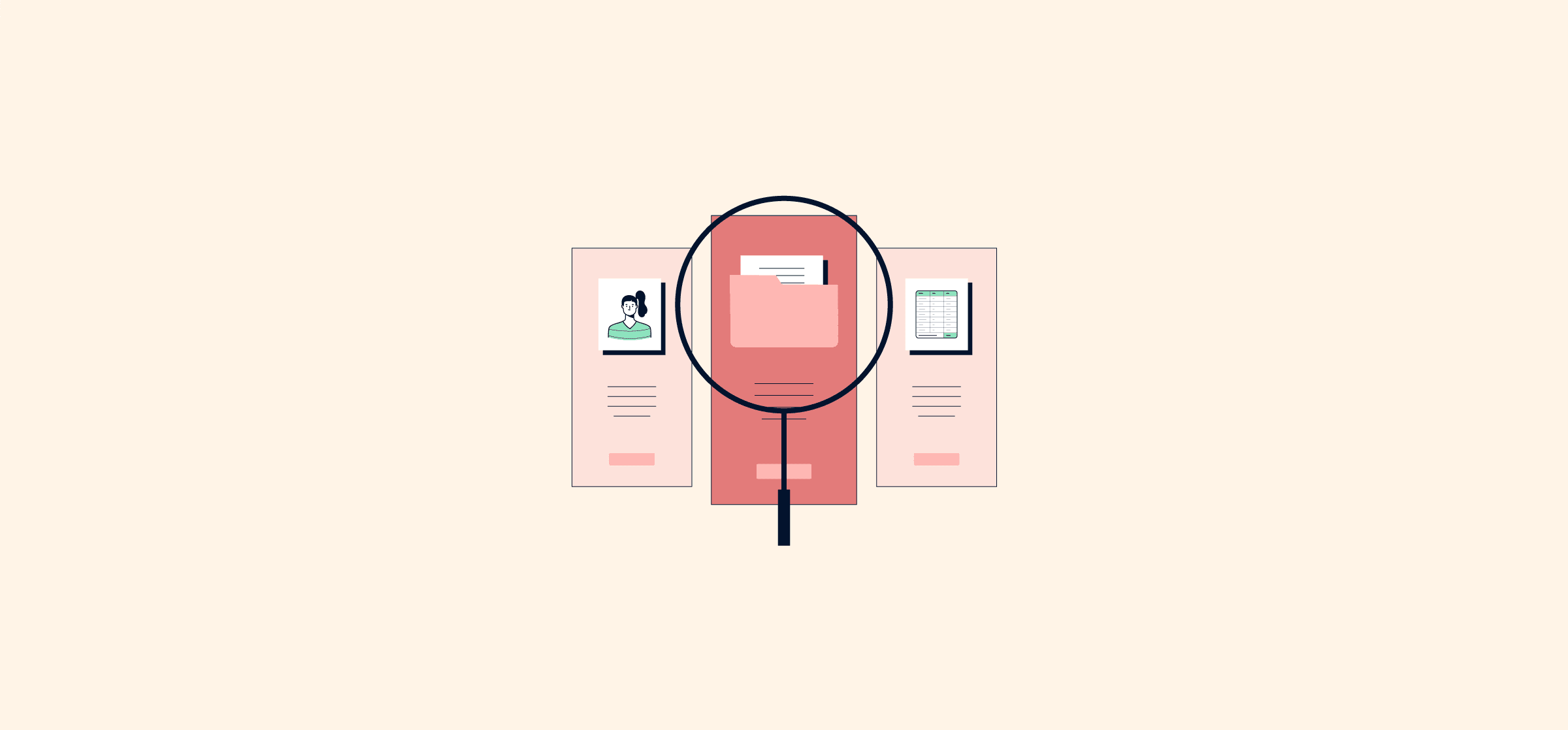 An illustration of a magnifying glass over computer files, representing master data management.