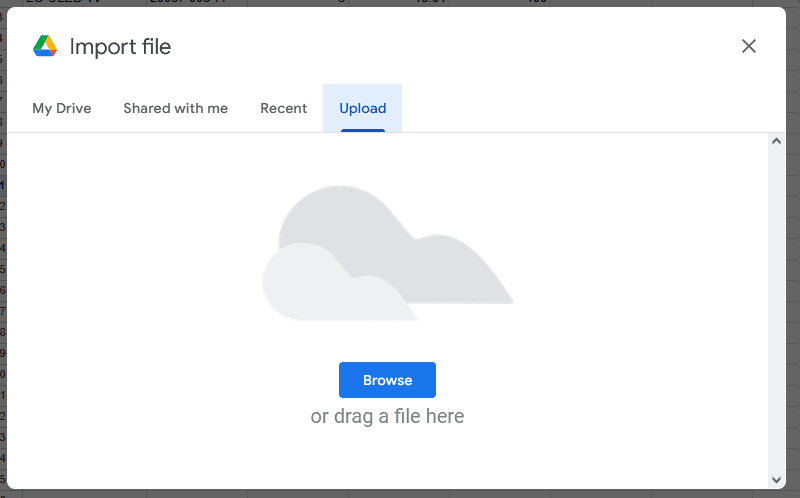 A screenshot of the Import file menu in Google Sheets.