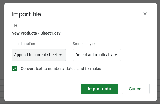 A screenshot of the Import file menu in Google Sheets with the Import location dropdown highlighted.