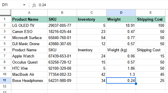 A screenshot of two merged Google Sheets.