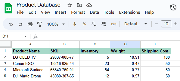 A screenshot of a spreadsheet called Product Database.