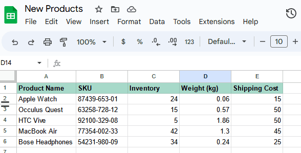 A screenshot of a spreadsheet called New Products.