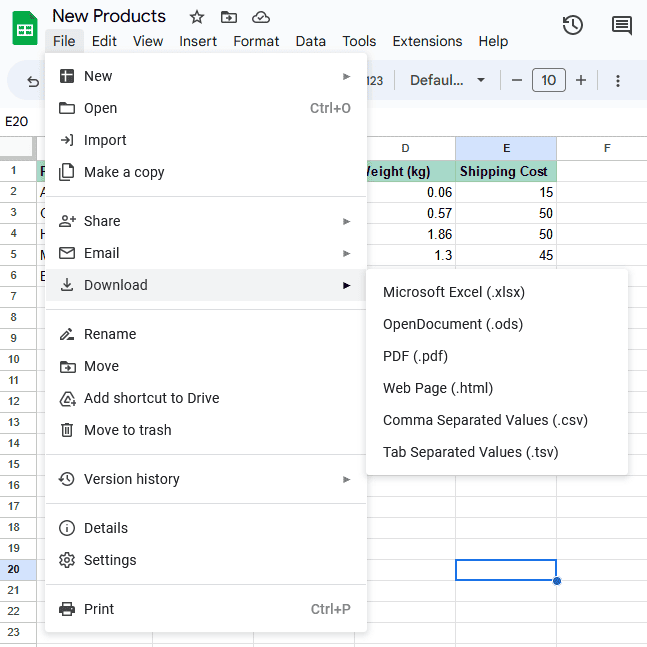 A screenshot of the file menu in Google Sheets, the first step to merge Google Sheets.
