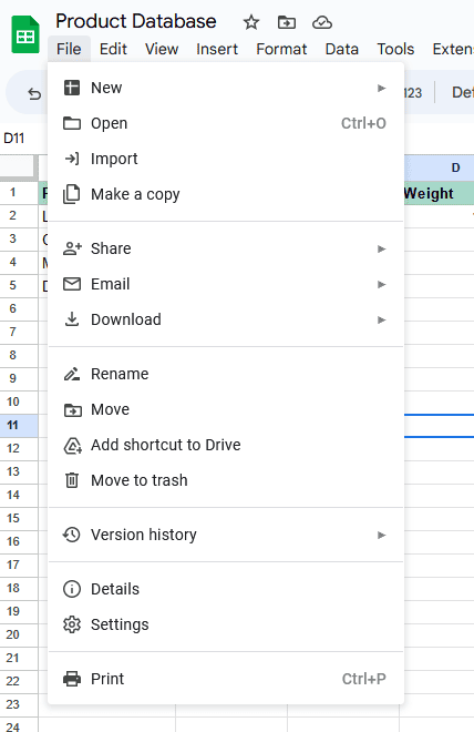 A screenshot of the File menu in a different spreadsheet.