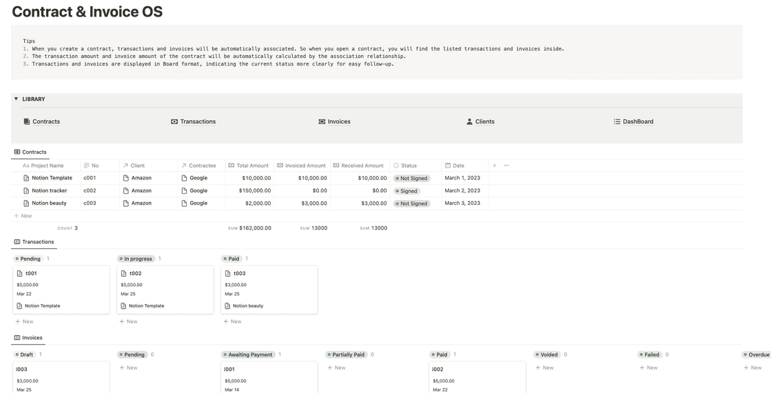 A screenshot of a contract and invoice tracking template for Notion.