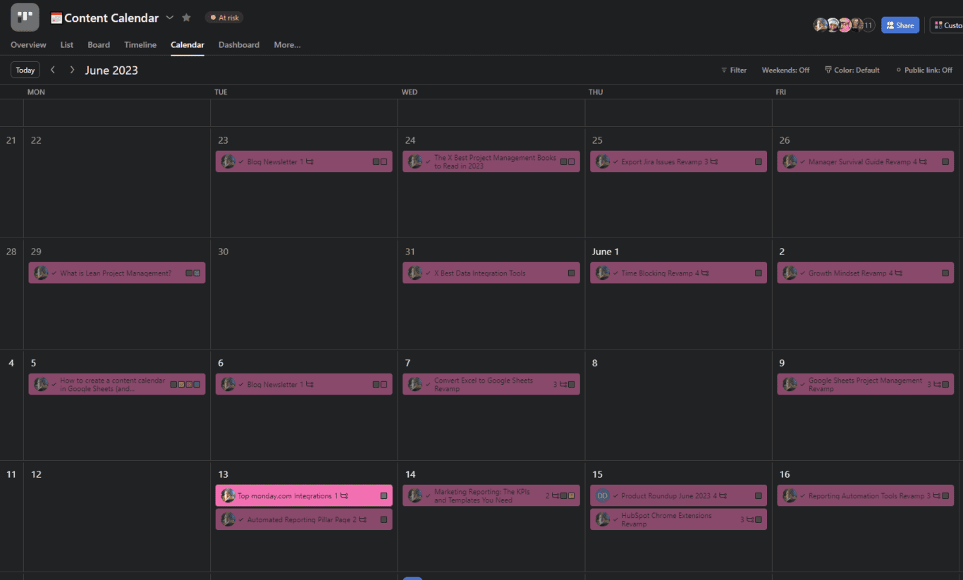 A screenshot of the calendar view in Asana.