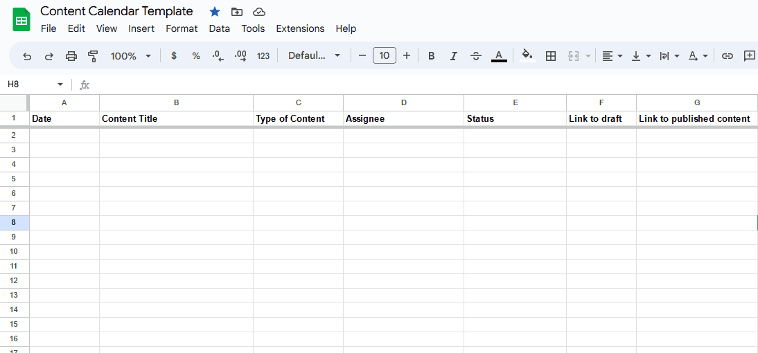 A screenshot of an empty content calendar template for Google Sheets.