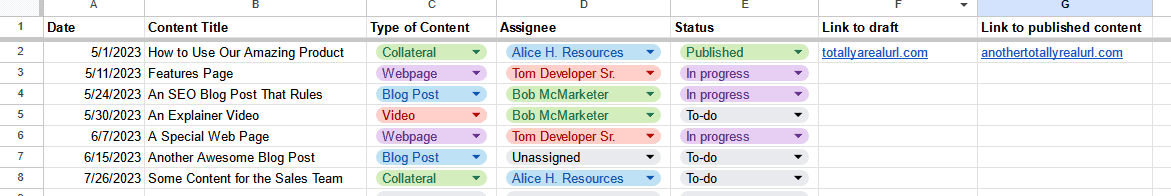 A screenshot of a content calendar in Google Sheets.