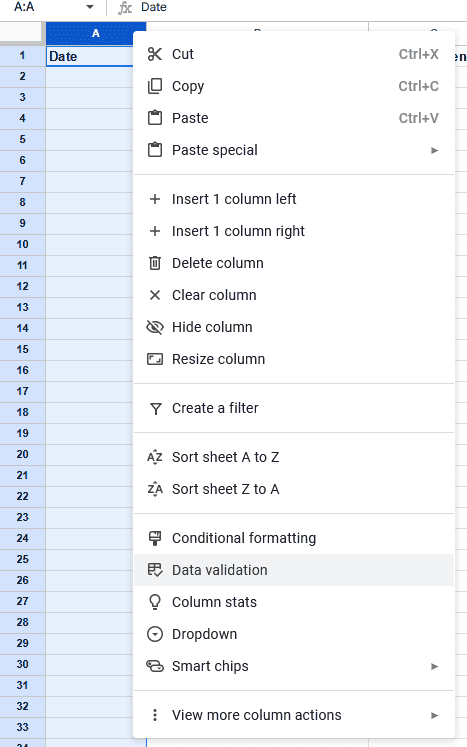 A screenshot of the column menu in Google Sheets.