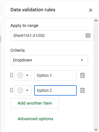 A screenshot of the data validation rules menu in Google Sheets.