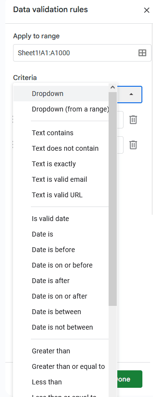 A screenshot of the Criteria dropdown in Google Sheets.