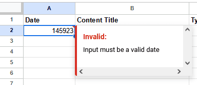 A screenshot of an Invalid popup in Google Sheets.