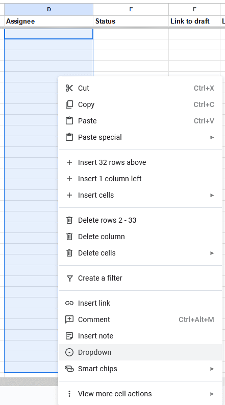 A screenshot of the right-click menu in Google Sheets.