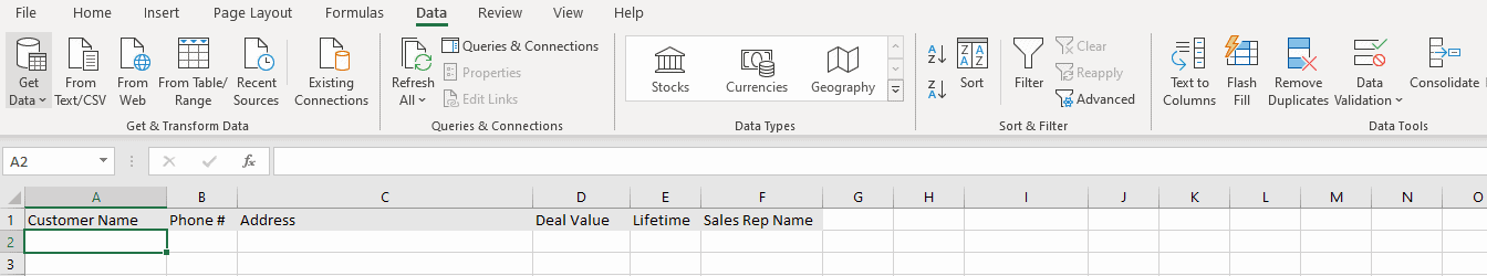 A screenshot of Excel's top menu.