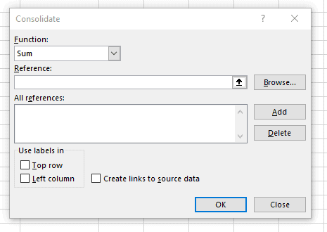 A screenshot of Excel's consolidate dialog, the first method for how to combine data from multiple excel sheets.