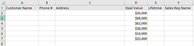 A screenshot of a master sheet in Excel.