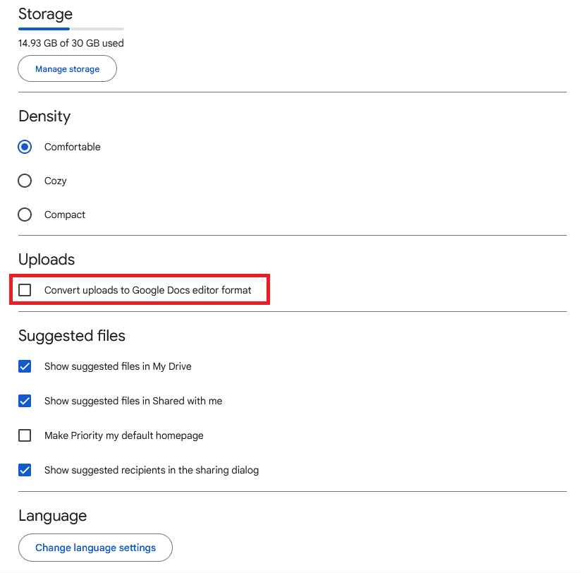 A screenshot of the Settings screen in Google Sheets.