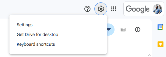 A screenshot of the Settings dropdown in Google Drive.