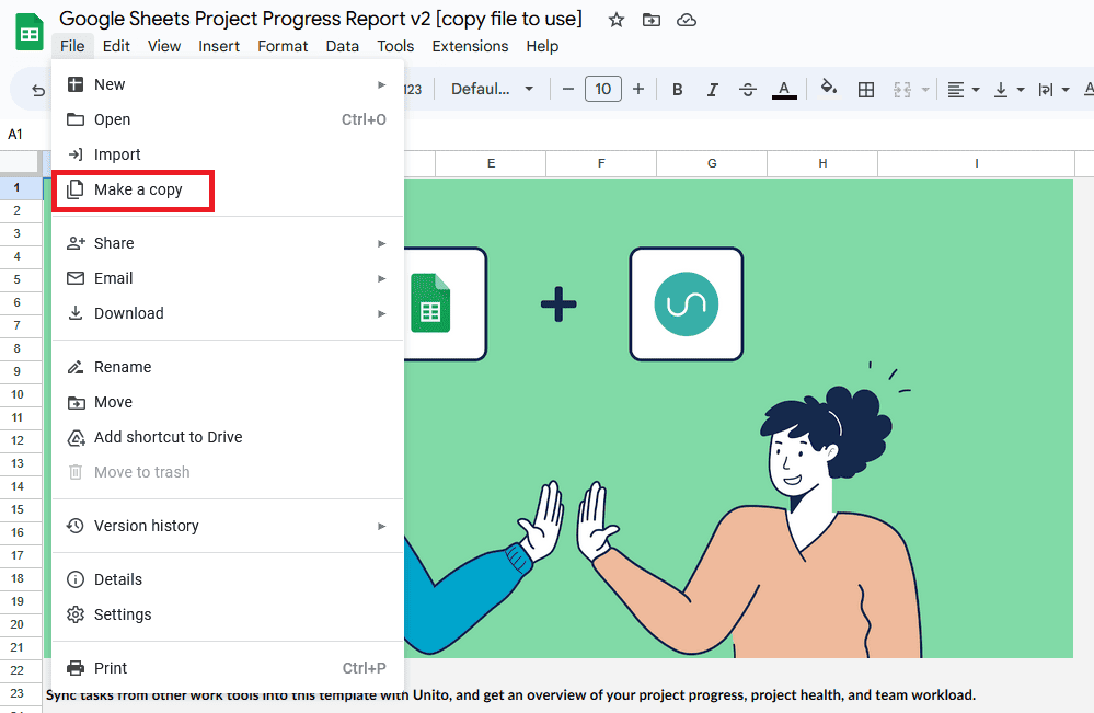 A screenshot of the File menu in Google Sheets.