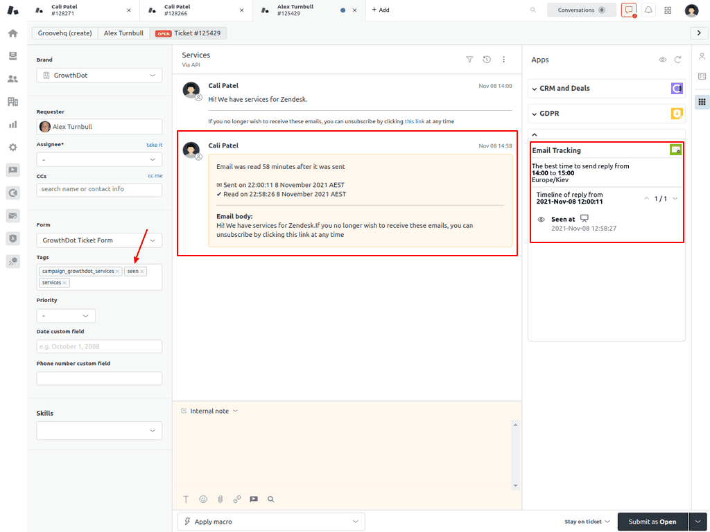 A screenshot of Email Tracking, a Zendesk app for customer support teams.