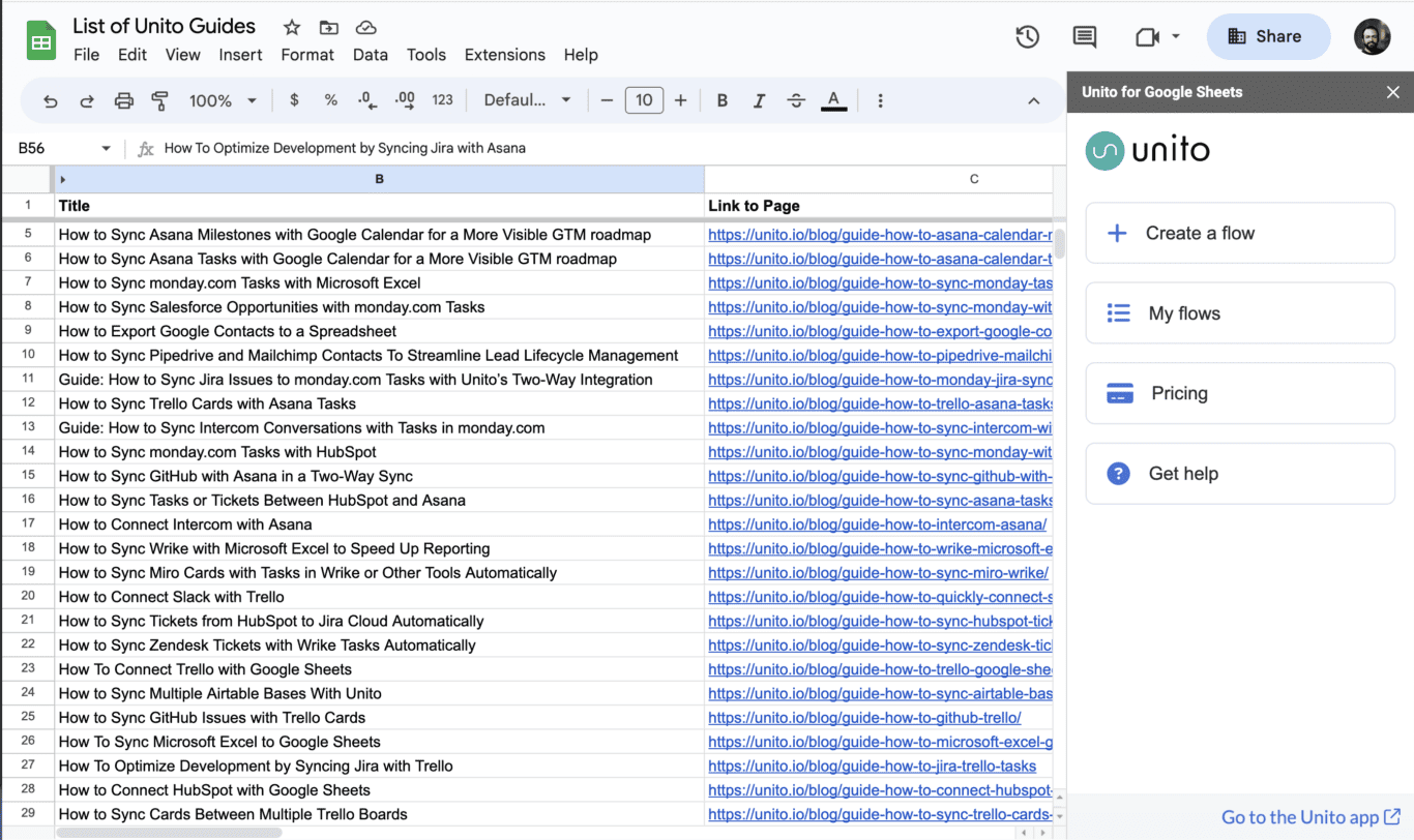 Multiple Google Sheets Synced to Unito