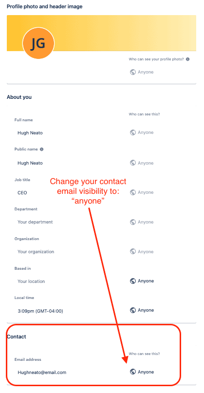 Jira profile page to change email contact visibility