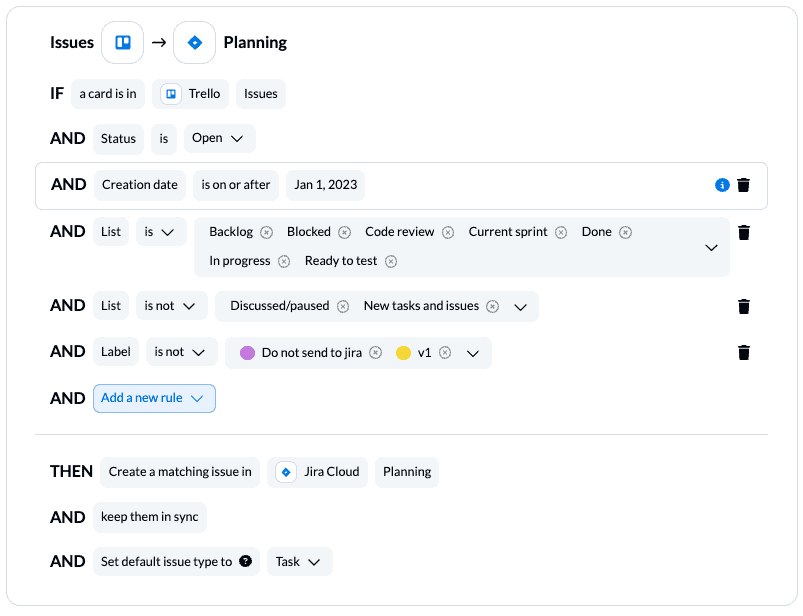 example of rules set in Unito for an integration between Trello and Jira specifying which labels for Trello cards will create new Jira tasks automatically 