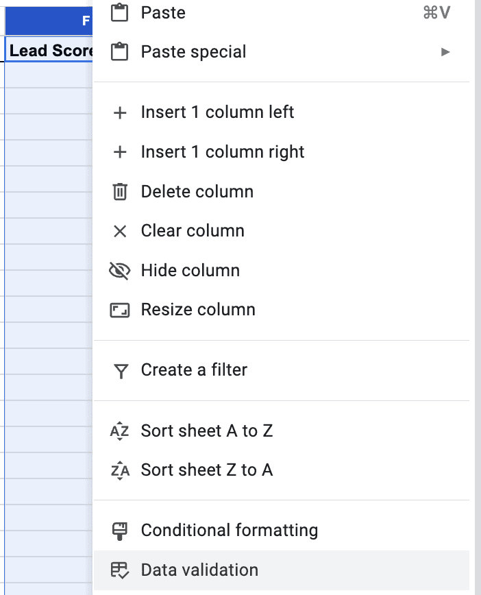 A screenshot of the data validation option in Google Sheets.