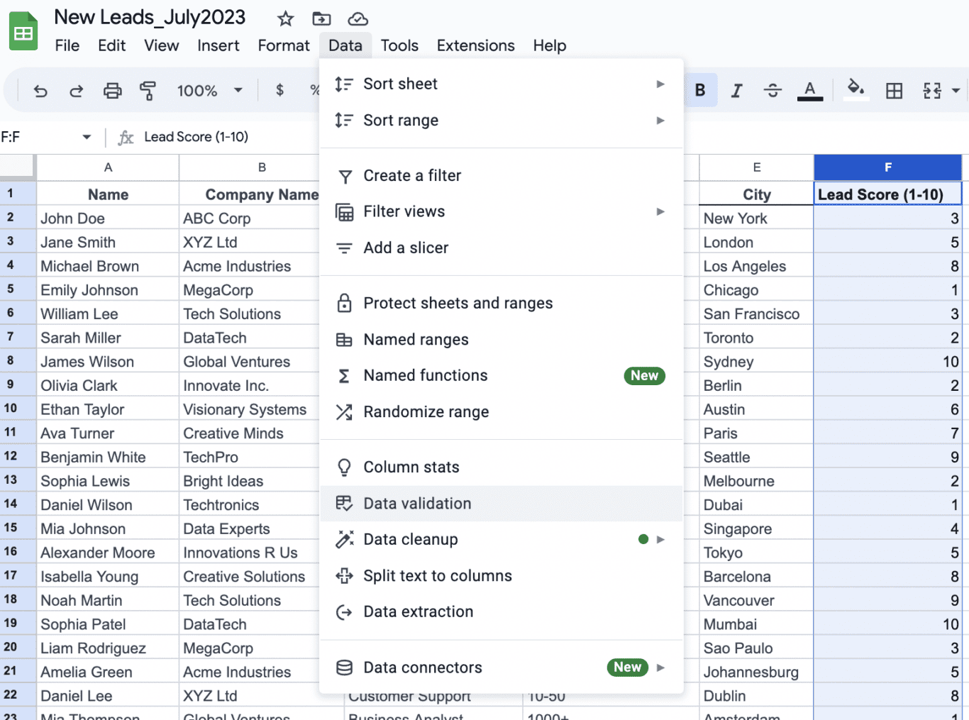 A screenshot of the Data menu in Google Sheets, with data validation highlighted.