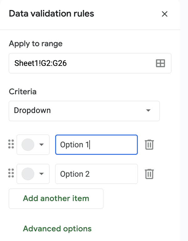 A screenshot of the data validation rules menu.