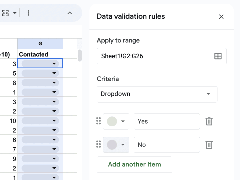 A screenshot of the data validation rules screen, with a dropdown set up.