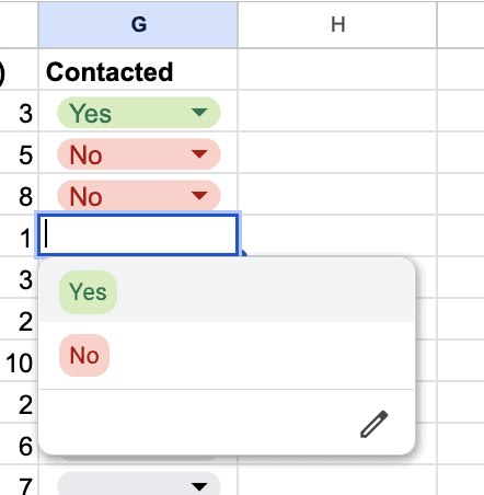 A screenshot of a dropdown in Google Sheets.