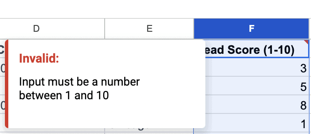 A screenshot of an invalid pop-up in Google Sheets.
