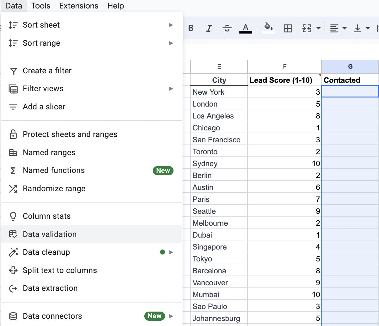 A screenshot of the data menu with data validation highlighted in Google Sheets.