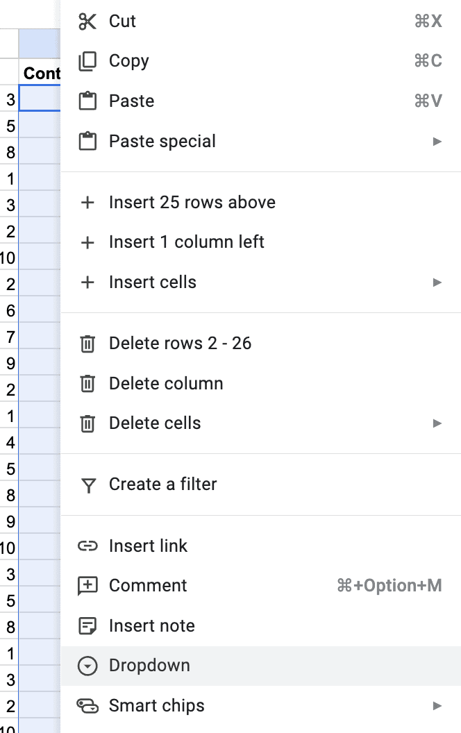 A screenshot of dropdown highlighted in the data validation menu.