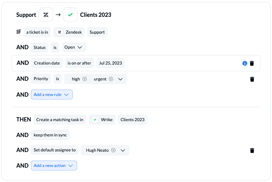 Setting rules in Unito for a Zendesk Wrike integration that will decide which tickets or tasks will sync through filters and conditions