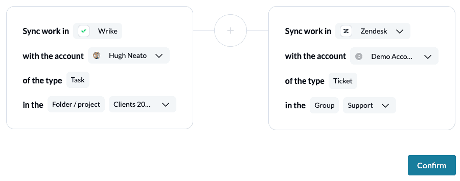 connecting a Zendesk group of tickets to a Wrike project or folder with tasks through Unito's flow builder