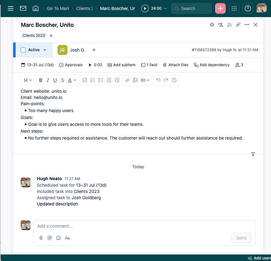 Using Wrike as a CRM with a client represented by a task for part of a Unito demo for integrating Zendesk