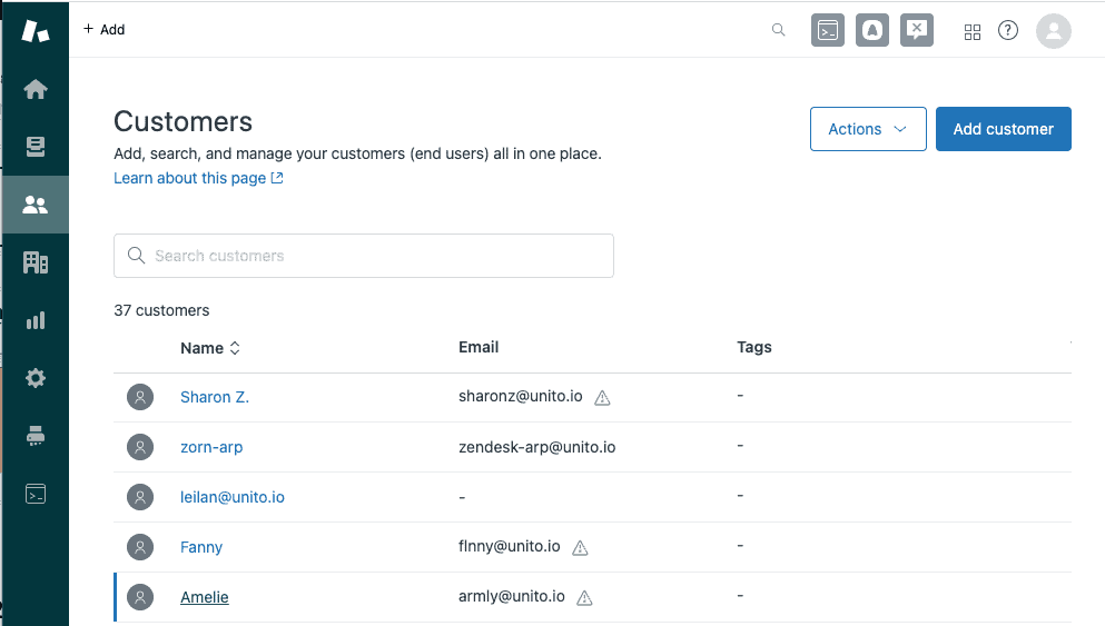 A list of customers in Zendesk for a Unito demo about integrating with Wrike