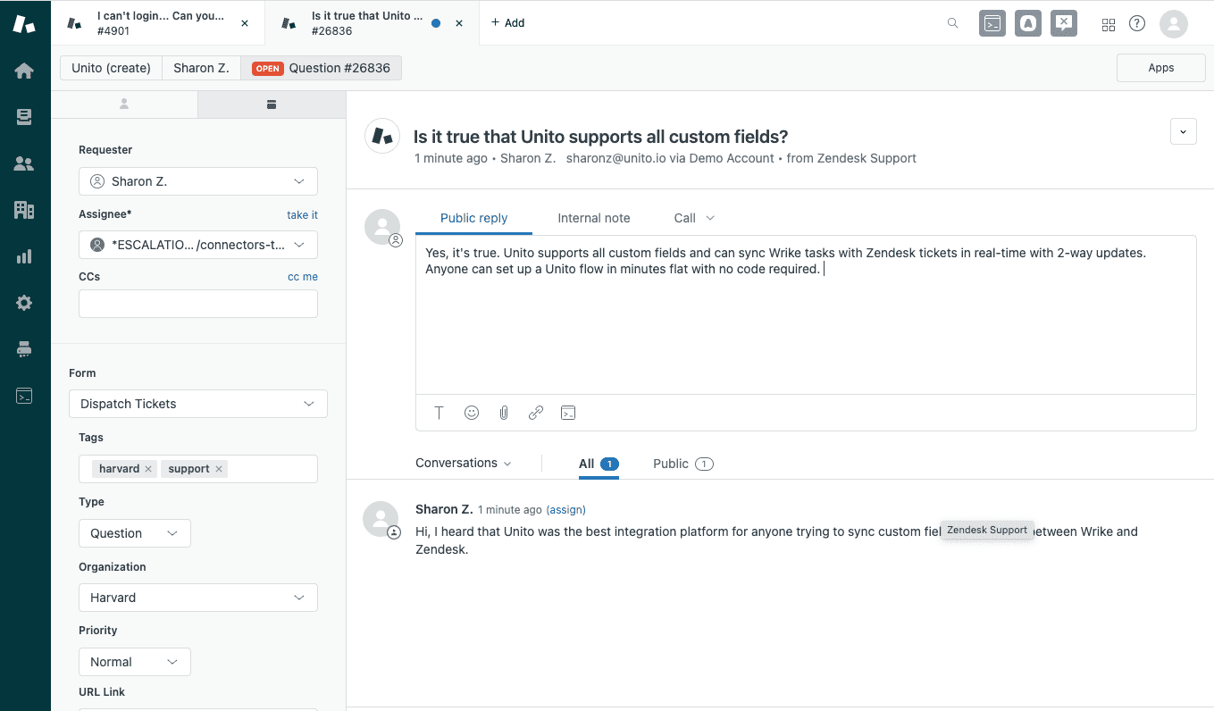 A Zendesk ticket in a support project synced to Wrike for a Unito demo