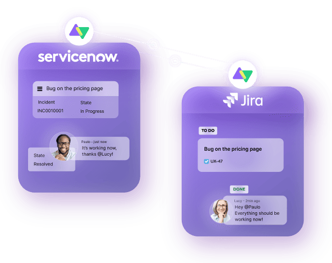 An illustration of Exalate, a bidirectional syncing solution. The image shows a connection between teams in Jira and ServiceNow collaborating.